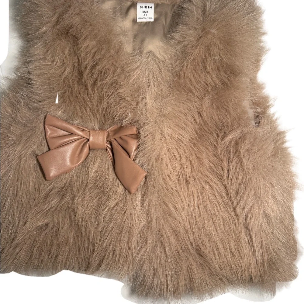 Stylish Tan Faux Fur Vest, ribbed top and faux leather pleated skirt